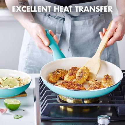 GreenPan Rio Healthy Ceramic Non-Stick 2-Piece Frying Pan Skillets Set, 20cm & 26cm, PFAS Free, Stay-Cool Handle, Oven Safe up to 160°C, Turquoise & Cream