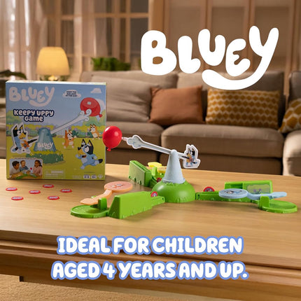 Bluey Moose Keepy Uppy Game Help, Bingo, and Chilli Keep the Motorized Balloon in the Air With the Character Paddles For 2-3 players Ages