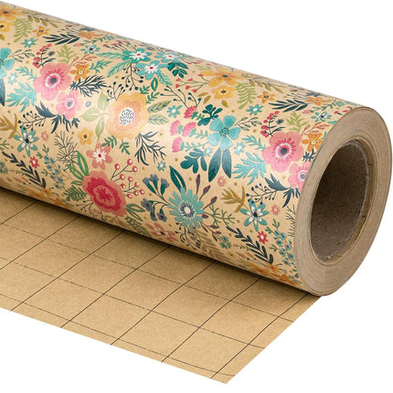 WRAPAHOLIC Jumbo Kraft Floral Wrapping Paper Roll - 30 Inch x 33 Feet - Spring Summer Garden Flower Design Perfect for Wedding, Bridal Shower, Birthday