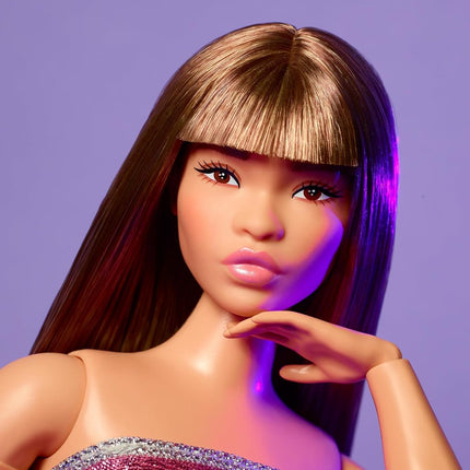 Barbie Looks Doll, Collectable Figure #24 with Brown Hair and Modern Y2K Fashion, Shimmering Strapless Dress with Peep Toe High Heels HRM16