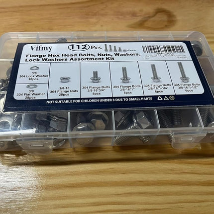 Vifmy 3/8-16 x 3/4", 1", 1-1/4", 1-1/2" Flange Hex Head Bolts Assortment Kit (112 Pack) with Serrated Flange Nuts, Washers & Lock Spring Washers, Hex Head Screw, Stainless Steel Full Thread