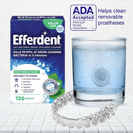 Efferdent Plus Mint Anti-Bacterial Denture Cleanser | 90 tablets | Actively Cleans Between Dentures | Packaging May Vary