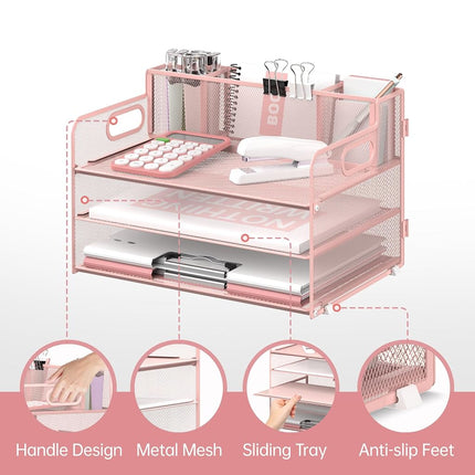 SUPEASY 3 Tier Desk Organizer with Handle & 3 Pen Holders, Mesh Paper/File Organizer for Desk, Paper Letter Tray Organizer for Office Supplies (Cute Pink)
