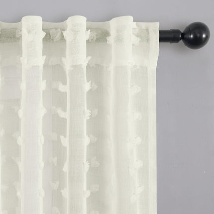KOUFALL Cream Off White Curtains 96 Inches Long for Living Room Farmhouse Pom Pom Textured Boho Sheer Curtains for Bedroom Laundry Room 2 Panels 52x96 Inch Length Ivory