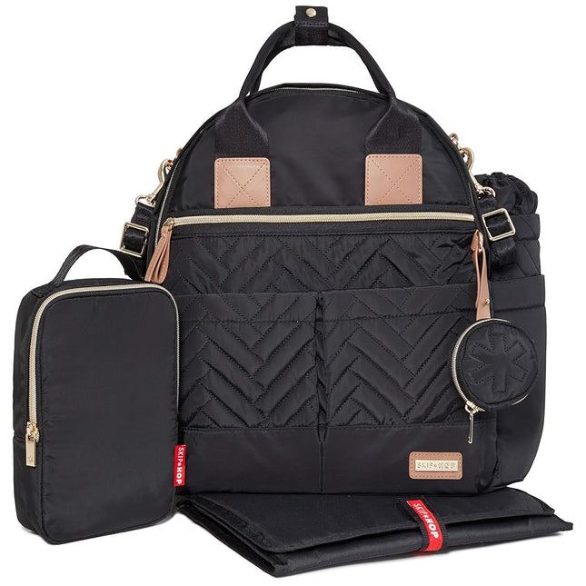 Skip Hop 200675, Multi-Function Baby Travel Bag with Changing Pad, Stroller Straps, Bottle Bag and Pacifier Pocket, Vegan Leather, Black with Gold Trim, Suite 6-in-1 Diaper Backpack Set