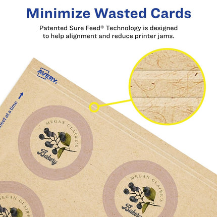 Avery Printable Round Business Cards with Sure Feed Technology, 2" Diameter, Kraft Brown Cardstock, Print-to-the-Edge, Laser/Inkjet Cards, 600 Total