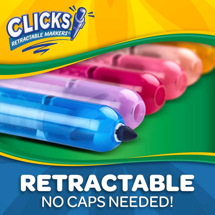 CRAYOLA Clicks Marker Pens - 10 Pack Retractable Washable Capless Marker Colouring Pens 2 in 1 Conical Tip for Thin and Thick Lines for School Home and Travel, Kids and Adults