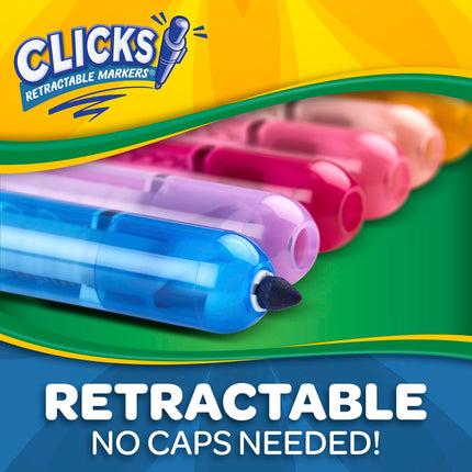 CRAYOLA Clicks Rotuladores - Paquete de 10 Rotuladores Retráctiles Lavables Sin Tapa de 2 en 1 Punta Cónica para Líneas Finas y Gruesas para la Escuela el Hogar y Viajes, Niños y Adultos