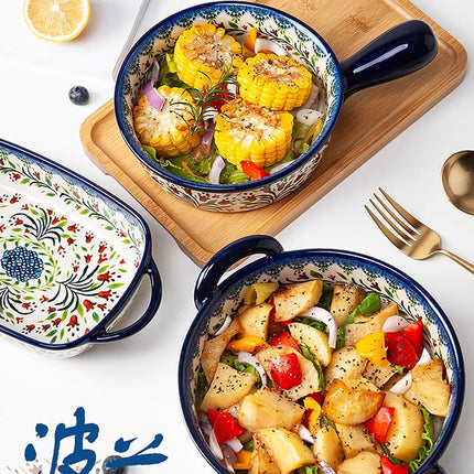 Bicuzat Vintage Style Tulip Flower Pattern Ceramic Bakeware Casserole Dish Baking Pan Lasagna Pans Baking Dish with Handles for Oven/Cooking/Kitchen-1 PCS-32 OZ