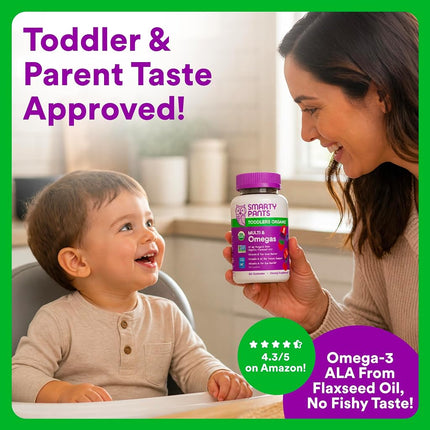 SmartyPants Organic Toddler Multivitamin Gummies: Omega 3 (ALA), Vitamin D3, C, Vitamin B12, B6, A, K & Zinc for Immune Support, Biotin, Vegetarian, Two Fruit Flavors, 60 Count (30 Day Supply)