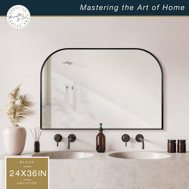 MCS Master & Co. Espejo de Pared Grande Moderno de Metal, Espejo de Arco para Repisa Minimalista para Sala de Estar, Dormitorio o Baño, 24 x 36 Pulgadas, Negro