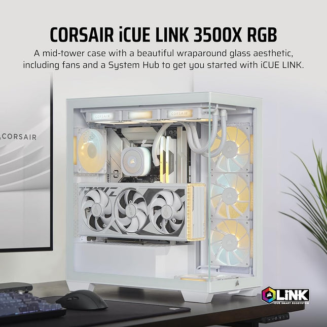 CORSAIR iCUE LINK 3500X RGB Mid-Tower ATX PC Case – Panoramic Tempered Glass – Reverse Connection Motherboard Compatible – 3x CORSAIR iCUE LINK RX120 RGB Fans Included – White