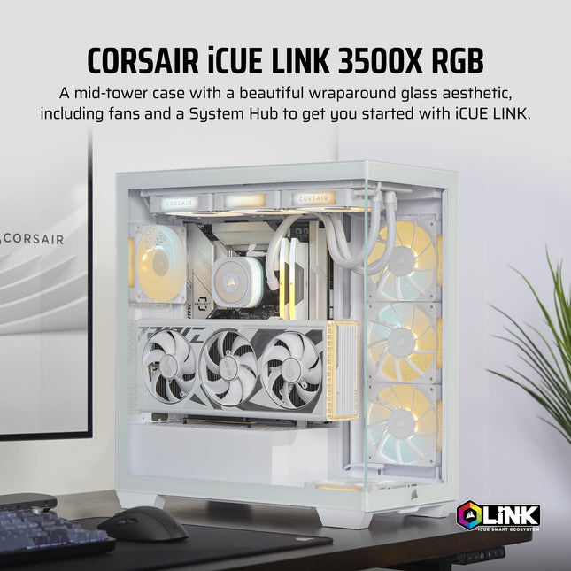 Boîtier PC ATX mi-tour CORSAIR iCUE LINK 3500X RGB – Verre trempé panoramique – Compatible avec les cartes mères à connexion inversée – 3 ventilateurs CORSAIR iCUE LINK RX120 RGB inclus – Blanc