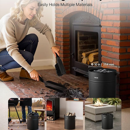 VEVOR Ash Bucket, 4 PCS with Lid, Shovel, Broom and Gloves, Metal Fireplace Charcoal Bucket and Ash Can, 15L Large Capacity for Fireplace, Fire Pits, Wood Burning Stoves, Indoor and Outdoor