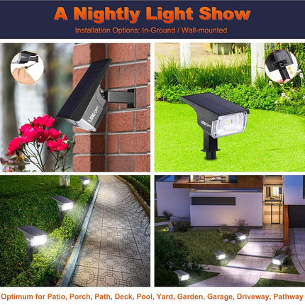 Focos solares LEREKAM, impermeables IP65, 40 LED, focos de paisaje, luces de pared con energía solar y USB, encendido/apagado automático con detección de oscuridad, 3 modos de luces solares exteriores para jardín, patio, porche, paquete de 2