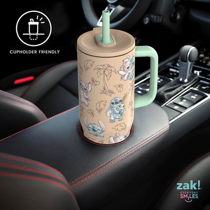 Zak Designs Disney Sutton Vaso de viaje para llevar, acero inoxidable de 30 oz con aislamiento al vacío, pajita de silicona y asa de transporte para bebidas frías (Stitch, Angel)