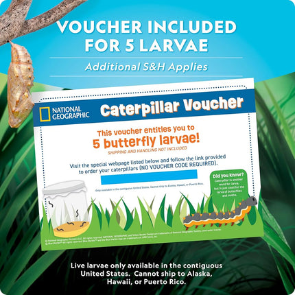 Kit d'élevage de papillons NATIONAL GEOGRAPHIC – Kit d'habitat de papillons avec bon pour échanger 5 chenilles (10,95 $ de frais de port non inclus), cage à papillons, mangeoire (exclusivité Amazon)