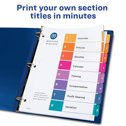 Avery 8 Tab Dividers for 3 Ring Binders, Customizable Table of Contents, Multicolor Tabs, 24 Sets (11168)