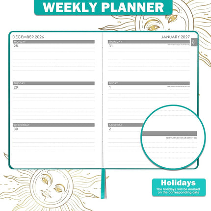 2026 Planner - 2026 Weekly Monthly Planner, January 2026 - December 2026, 5.75" x 8.25", Faux Leather Planner 2026 with Back Pocket & 40 Notes Pages - Turquoise Gold Foil