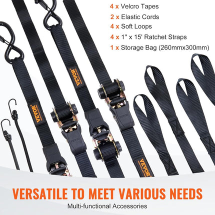 VEVOR Ratchet Tie Down Straps (4PK), 2200 lb Break Strength, 1" x 15' Heavy Duty Ratchet Tie Down Strap Set with Padded Handles, Coated S Hook, Soft Loop for Moving Appliances Motorcycle ATV Truck