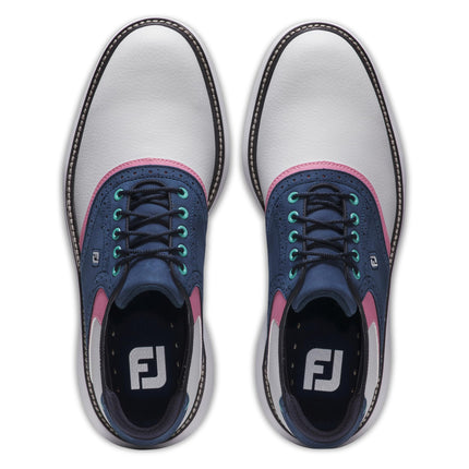 FootJoy Men's Traditions Golf Shoe, White/Blue/Pink, 7.5 Wide