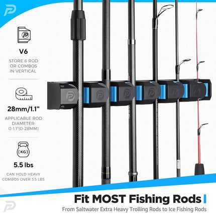 PLUSINNO Fishing Gifts for Men - V6 Vertical Fishing Rod/Pole Holders, Support Extra Large & Heavy Fishing Rod Combos, Fishing Rod Holders for Garage, Wall Mounted Fishing Rod Rack Storage