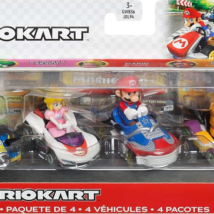 Hot Wheels Mario Kart Vehicle 4-Pack, Set of 4 Fan-Favorite Characters Includes 1 Exclusive Model, Collectible Gift for Kids & Fans Ages 3 Years Old & Up