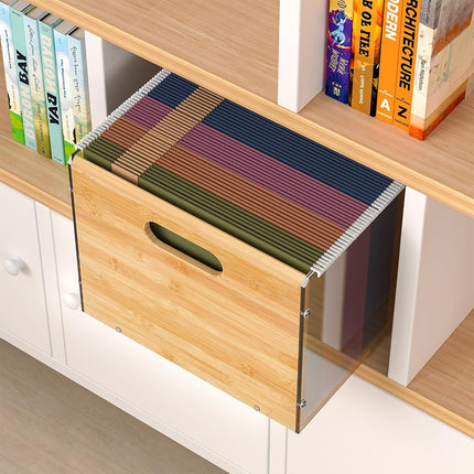 Sbanmao Letter/Legal Bamboo Acrylic File Box Organizer, Hanging File Folder Storage Boxes, Decorative Document Crate Transparent Filing Bin with Handle for Home Office Desk