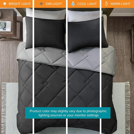 Comfort Spaces Vixie Comforter Set-Modern Geometric Quaterfoil Cloud Quilted Design All Season Down Alternative Bedding, Matching Shams, Twin/Twin XL(66"x90"), Microfiler Reversible Black/Grey