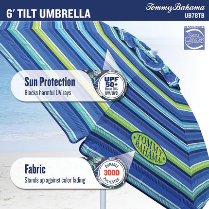 Tommy Bahama 6' UPF 50+ Tilt Beach Umbrella with Wind Vent, Green and Blue Stripe