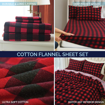 Elegant Comfort Ultra Soft 4-Piece 100% Turkish Cotton Flannel Sheet Set - Buffalo Check Plaid Flannel Sheets, Warm and Cozy Anti-Pill Premium Quality, Deep Pocket Fitted Sheet- Twin XL, Burgundy
