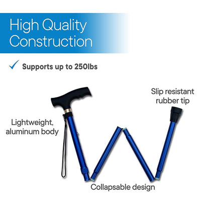 Bastón Plegable RMS - Plegable, Ajustable, Ligero de Aluminio con Mango Desplazado - Bastón Plegable con Mango Ergonómico Derby - Ayuda Ideal para la Vida Diaria para Movilidad Limitada (Azul)