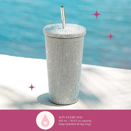 Paris Hilton Diamond Bling Water Tumbler with Lid and Straw, Vacuum Insulated Stainless Steel, Bedazzled with Over 3700 Rhinestones, 16.9-Ounce, Silver