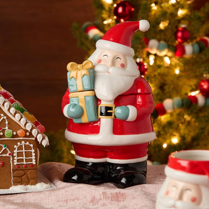 Christmas Whimsy Santa 3D Ceramic Cookie Jar with Gift – Holiday Jar for Treats, Cookies, Candy – Sculpted Santa Claus with Hand-Painted Details – Festive Kitchen Décor, 56 oz Capacity