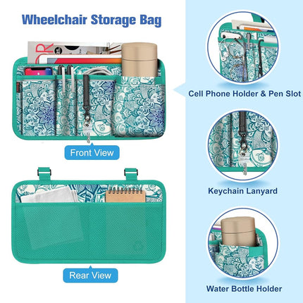 FINPAC Wheelchair Side Storage Bag w/Cup Holder, Wheelchair Armrest Accessories Pouch with Pen Slot and Reflective Strips for Power Walkers, Rollators, Seniors - Emerald Illusions