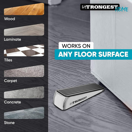Strongest Home Door Stopper, Set of 4 Heavy Duty Door Stop Wedge Made of Premium Quality Zinc and Rubber Suits Any Door, Any Floor. Plus 2 Self Adhesive Wall Protectors (Black Silver)