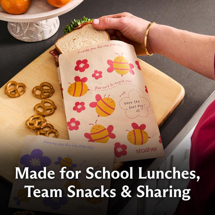 Stasher Recyclable Sealable Paper Snack Bags for Kids Lunch, 50 ct, Bee