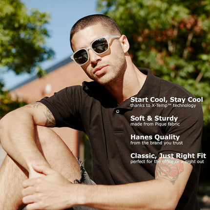 Hanes Men's Pique Short Sleeve Shirt, Three-Button Midweight Polo, Charcoal Heather, 3XL