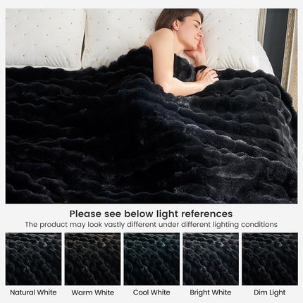 Cozy Bliss Faux Fur Throw Blanket for Couch, Bubble Plush Blanket Twin Size, Fuzzy Soft & Thick Blanket for Bed Sofa Living Room, 152.4 x 203.2cm Black
