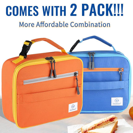 2 Packs Insulated Soft Lunch Bag with Double Zipper - Sturdy, Freezable and Reusable for Kids, Men - for School, Work, Outdoor (B-2pk Blue+Orange)