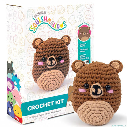 Squishmallows Omar the Bear Crochet Kit for Beginners, Adults and Kids Ages 8+ - Complete DIY Beginner Starter Set with Hook, Soft Yarn Bundles & Instructions - Crochet Animal Craft Gifts