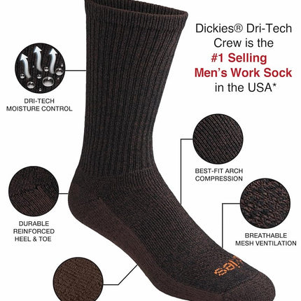 Dickies Men's Dri-Tech Essential Moisture Control Crew Socks, Available in M-XXL (6, 12 Pairs), Char Assorted (6 Pairs), Large