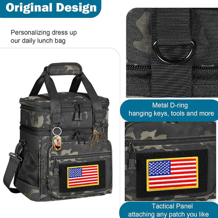 Double Deck Insulated Lunch Box, Expandable Large Lunch Bag Leakproof Cooler Bag Lunch Pail for Men Women Adults Work Shifts Travel Daytrip,16L,Black-Camo