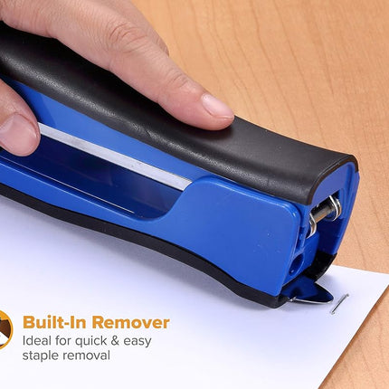 Bostitch Office Dynamo 4 in 1 Standup Stapler, Includes 420 Staples, 20 Sheet Capacity, Integrated Pencil Sharpener, Staple Remover & Staple Storage, Blue