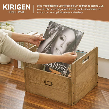 KIRIGEN Wooden Vinyl Record Storage Crate Box, Holds 80 LP Albums, Brown