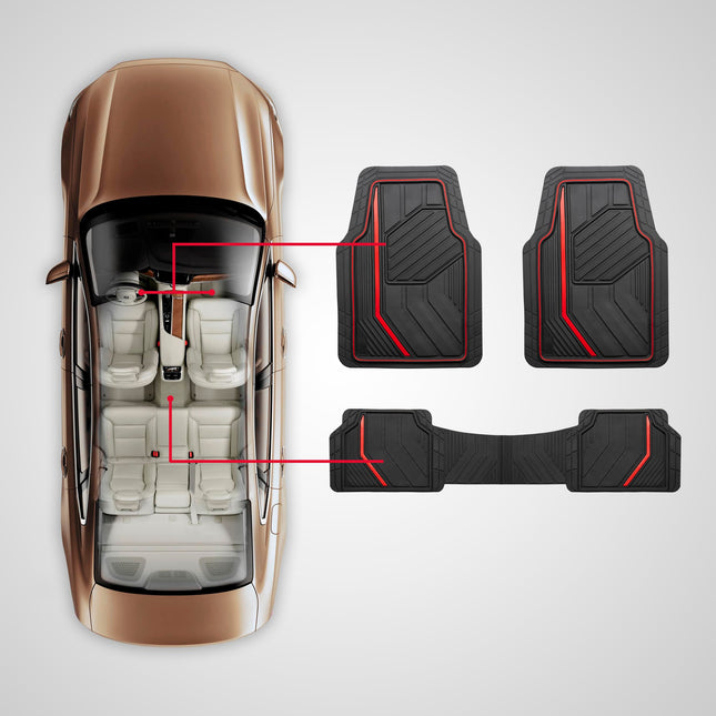 Dickies 3-Piece Floor Mats, Heavy-Duty Rubber Liners, All-Weather Auto Protection, Anti-Slip Design, All-Season Trim-to-Fit Custom, Automotive Mats for Vehicles, Cars, Trucks, SUVs (Black/Red)