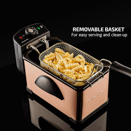 Friteuse Électrique OVENTE 2 Litres, 1500W, Couvercle avec Fenêtre de Visualisation et Filtre Anti-Odeur, Température Réglable, Panier de Friteuse Amovible et Corps en Acier Inoxydable Facile à Nettoyer, Cuivre FDM2201CO