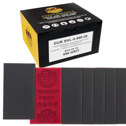 Dura-Gold 800 Grit 5" x 2-3/4" Sanding Sponges, Box of 20 - Performance Hook & Loop Wet or Dry Flexible Sandpaper Sponge Pads - for Hand Sanding Blocks, Palm Sanders - Polish Metal, Auto Paint, Wood