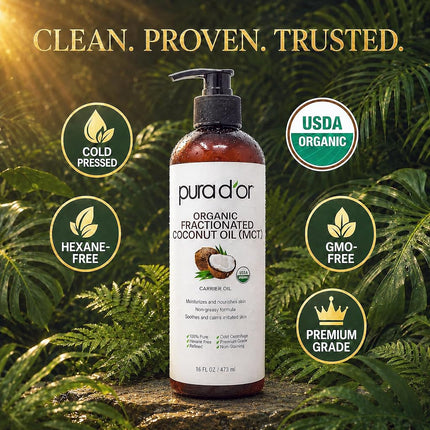 Pura D'or Organic Fractionated Coconut Oil (16oz / 473ml) USDA Certified 100% Pure & Natural MCT Oil Sustainably Sourced Hexane Free Moisturizing Carrier Oil For Face, Skin & Hair (Packaging may vary)