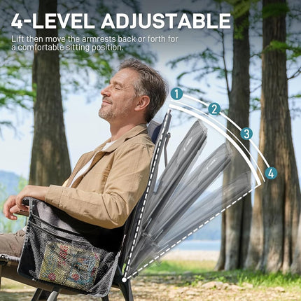 EVER ADVANCED Luxury Camping Chair Folding for Adults Heavy Duty 350lbs, Garden Chair Reclining Padded with Cup Holder Side Pocket, Foldable with 4-Position Adjustable Back, Grey